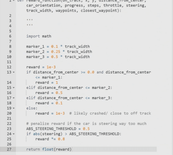 Annotated centerline-following reward function code, with arrows pointing out the parameter being read and the reward returned for each behaviour bucket.