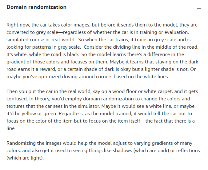 Domain randomization text block explaining that the car sees greyscale, and training on varied colours/textures helps the model focus on shapes.