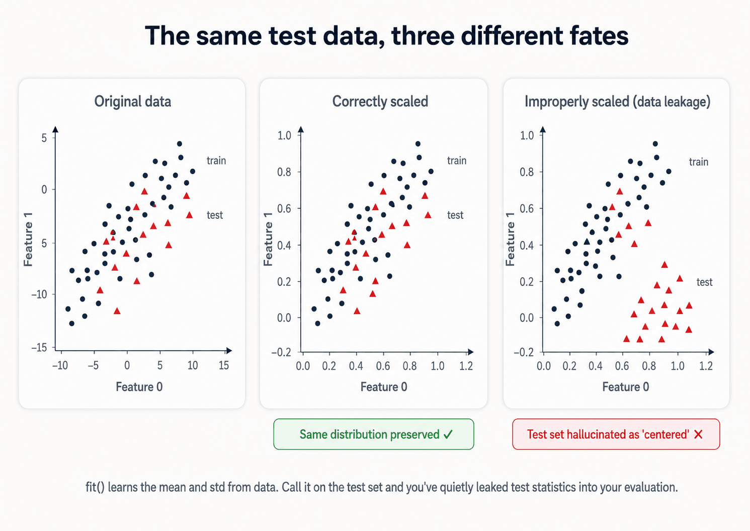 Three side-by-side scatter plots titled 'The same test data, three different fates'. Each card shows dark navy circles (training set) and red triangles (test set). Card 1 'Original data' shows both sets plotted on their raw scale (Feature 0 from -10 to 15, Feature 1 from -15 to 5), with train and test in overlapping regions. Card 2 'Correctly scaled' shows both sets after scaler.fit_transform(X_train) + scaler.transform(X_test) — both fit inside [0, 1.2] × [-0.2, 1.0] with the same relative positions preserved. Card 3 'Improperly scaled (data leakage)' shows the test set shifted to a completely different location after scaler.fit_transform(X_test) was incorrectly called — the test distribution has been centered around its own mean, breaking the relationship to the training data. Green pill under card 2: 'Same distribution preserved'. Red pill under card 3: 'Test set hallucinated as centered'. Caption: 'fit() learns the mean and std from data. Call it on the test set and you've quietly leaked test statistics into your evaluation.'