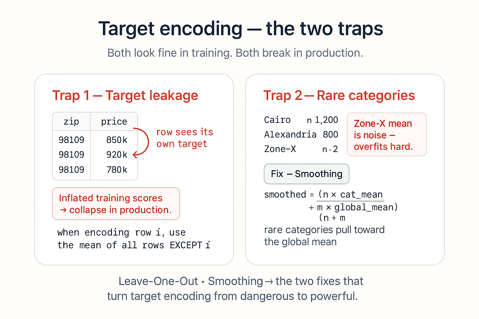 A two-card diagram titled 'Target encoding — the two traps' with subtitle 'Both look fine in training, both break in production.' Left card 'Trap 1 — Target leakage' shows three rows of a small dataset with a 'zip' column and a 'price' column. A red arrow loops from the third row's price back into the same row's encoded value, labelled 'row sees its own target'. A red pill annotation underneath reads 'Inflated training scores → collapse in production.' A fix box below shows the formula 'Leave-One-Out — when encoding row i, use the mean of all rows EXCEPT i' in monospace, with a green check mark. Right card 'Trap 2 — Rare categories' shows three categories: 'Cairo' with 1,200 rows, 'Alexandria' with 800 rows, and 'Zone-X' with 2 rows. A red pill annotation reads 'Zone-X mean is noise — overfits hard.' A fix box below shows the smoothing formula 'smoothed = (n × category_mean + m × global_mean) / (n + m)' in monospace with a green check mark, plus a one-line note 'rare categories pull toward the global mean'. Bottom caption strip: 'Leave-One-Out · Smoothing  →  the two fixes that turn target encoding from dangerous to powerful.' Background warm off-white #FAFAF7, white cards with 1px slate border and soft shadow, Inter sans-serif.