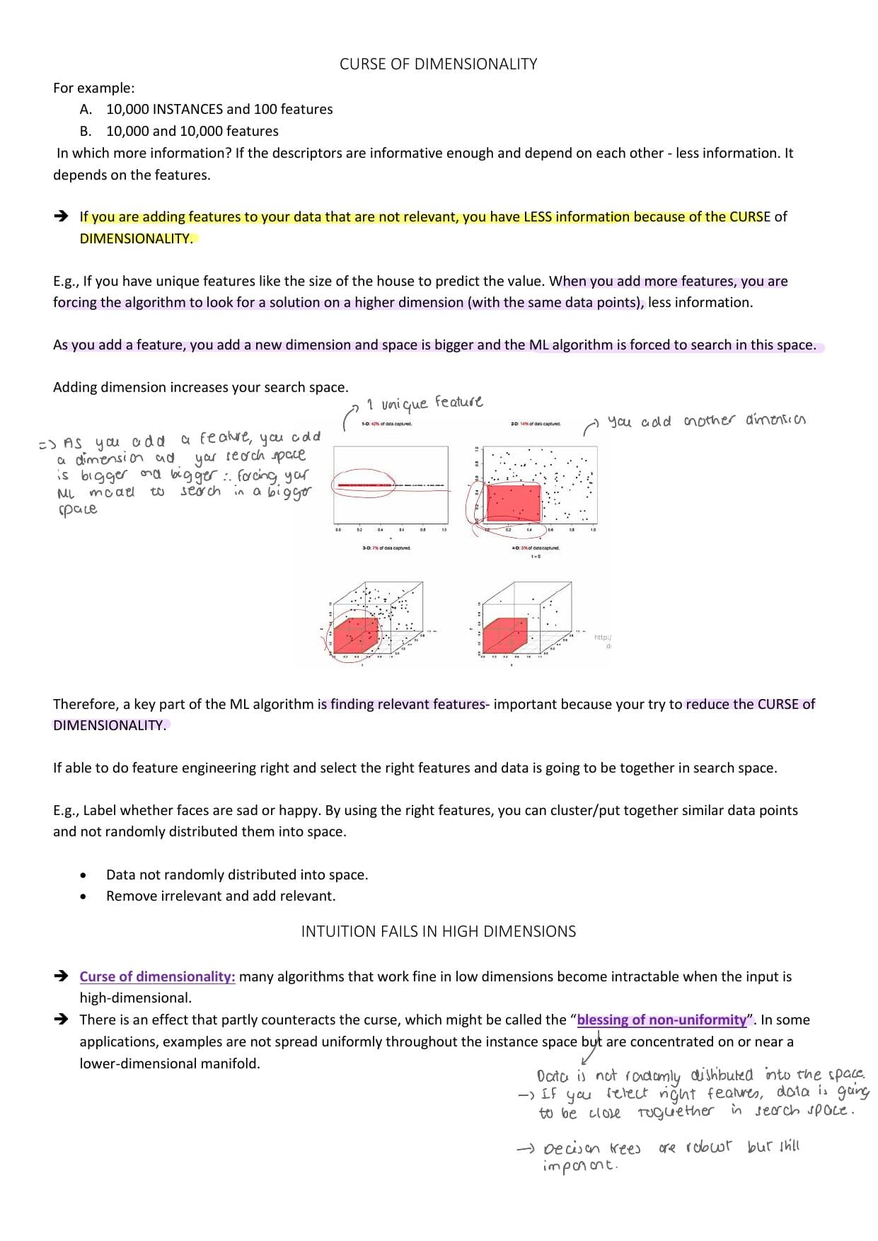 Notes on the curse of dimensionality showing how the same data covers less and less of the feature space as you go from 1D to 2D to 3D.