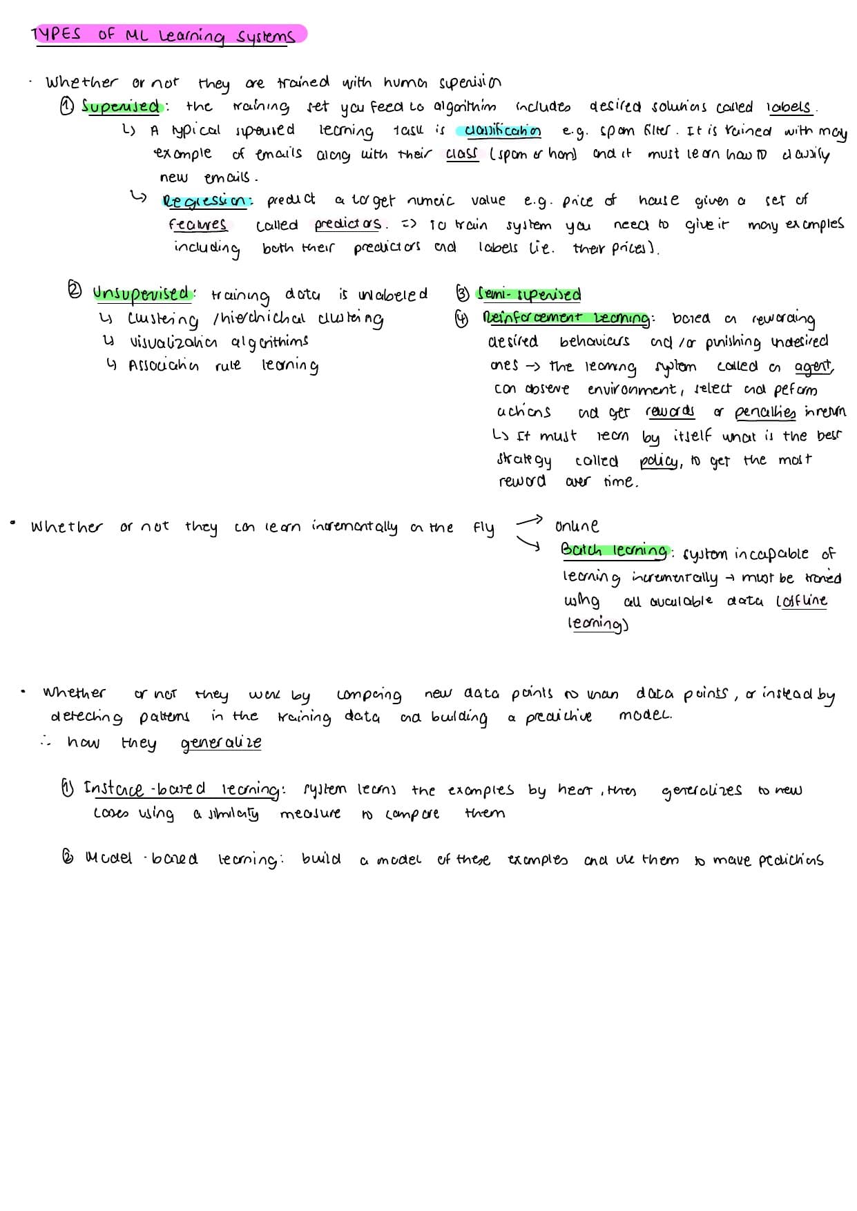Handwritten notes summarising the four supervision categories, batch vs online learning, and instance-based vs model-based methods.