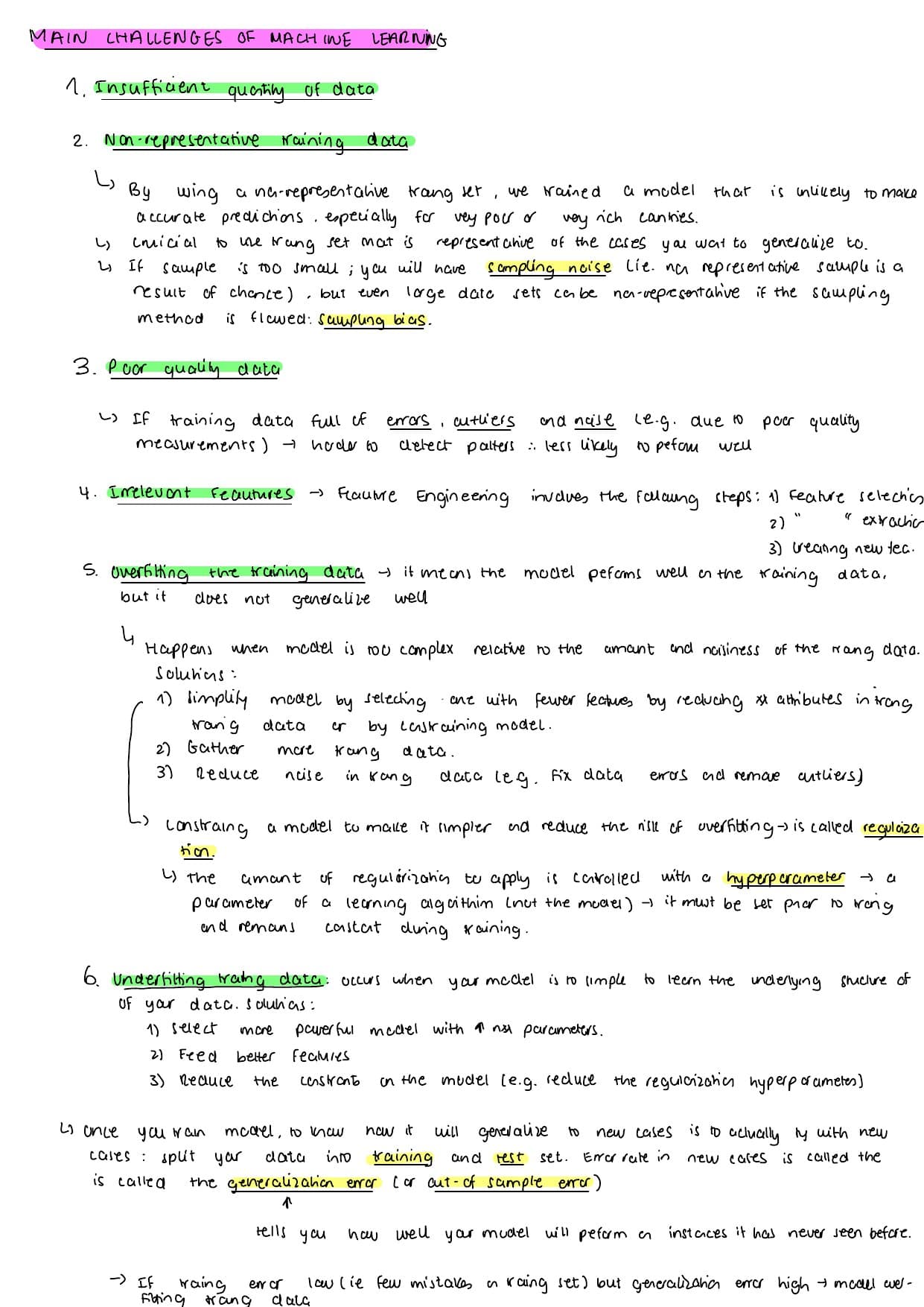 Notes listing the six main challenges of ML in practice, with regularization and the role of hyperparameters.