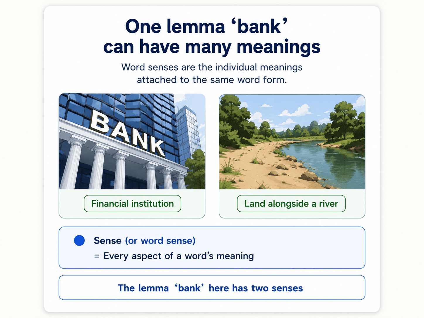 A side-by-side comparison diagram titled 'Word Senses — one word, two meanings' on warm off-white background (#FAFAF7), dark navy text. Centered subtitle: 'The lemma bank has two senses.' Two large cards side by side: Left card 'Sense 1: financial institution' with a clean editorial illustration of a bank building (columns, BANK signage) on slate-blue (#2563EB) accent. Right card 'Sense 2: river edge / sloping land' with a simple illustration of a river curving past green grassy banks on green (#10B981) accent. Below both cards, a centered note in a rounded border: 'In semantics, we work with senses, not words. Same form ≠ same meaning.' Subtle slate-blue arrow between the two cards labelled 'context decides'. Inter/Geist sans-serif, editorial poster style, no 3D.