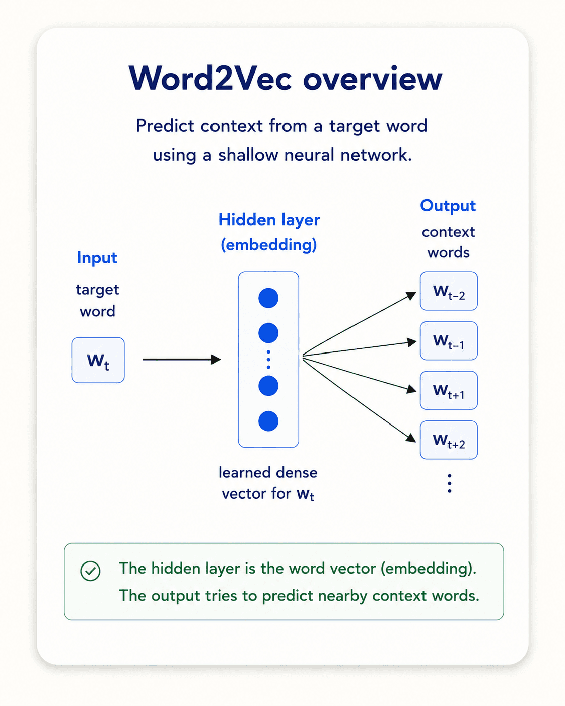 A neural network architecture diagram titled 'Word2Vec — the skip-gram model' on warm off-white background, dark navy text. Three vertical layers from left to right. Layer 1 'Input Vector' is a tall column of 10,000 cells, mostly 0 with one '1' highlighted in amber labelled 'word: ants'. Subtitle: 'one-hot encoded vocabulary'. Layer 2 'Hidden Layer (Linear Neurons)' is a vertical stack of 300 small circle neurons connected to the input by a dense fan of slate-blue lines. Subtitle: '300 neurons — the embedding'. Layer 3 'Output Layer (Softmax Classifier)' is a column of 10,000 cells, each showing a probability bar — the brightest bars are for 'abandon, ability, able, … zone'. Subtitle: 'probability the word at a nearby position is X'. Below the network, a callout in a green bordered card: 'We don't care about the predictions. We extract the hidden layer — that 300-dim vector IS the embedding.' Inter/Geist sans-serif, editorial style.