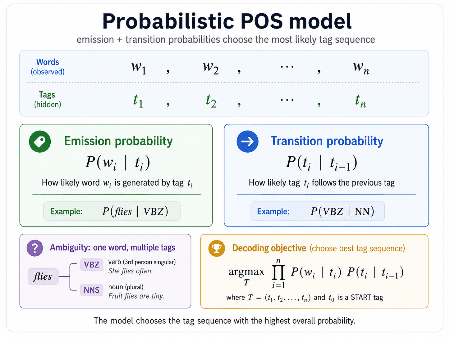 Diagram titled 'Probabilistic POS model.' Subtitle: 'emission + transition probabilities choose the most likely tag sequence.' Top row: observed words w₁, w₂, ..., wₙ above their hidden tags t₁, t₂, ..., tₙ. Two large coloured cards. Green card 'Emission probability' shows P(wᵢ | tᵢ) — how likely word wᵢ is generated by tag tᵢ — with example P(flies | VBZ). Blue card 'Transition probability' shows P(tᵢ | tᵢ₋₁) — how likely tag tᵢ follows the previous tag — with example P(VBZ | NN). Below, a purple 'Ambiguity' card showing the word 'flies' branching to VBZ (verb 3rd person singular, *She flies often*) and NNS (noun plural, *Fruit flies are tiny*). Beside it, an amber 'Decoding objective' card showing the argmax formula: argmax over T of ∏ P(wᵢ | tᵢ) · P(tᵢ | tᵢ₋₁), with the note that t₀ is a START tag. Footer: 'The model chooses the tag sequence with the highest overall probability.'