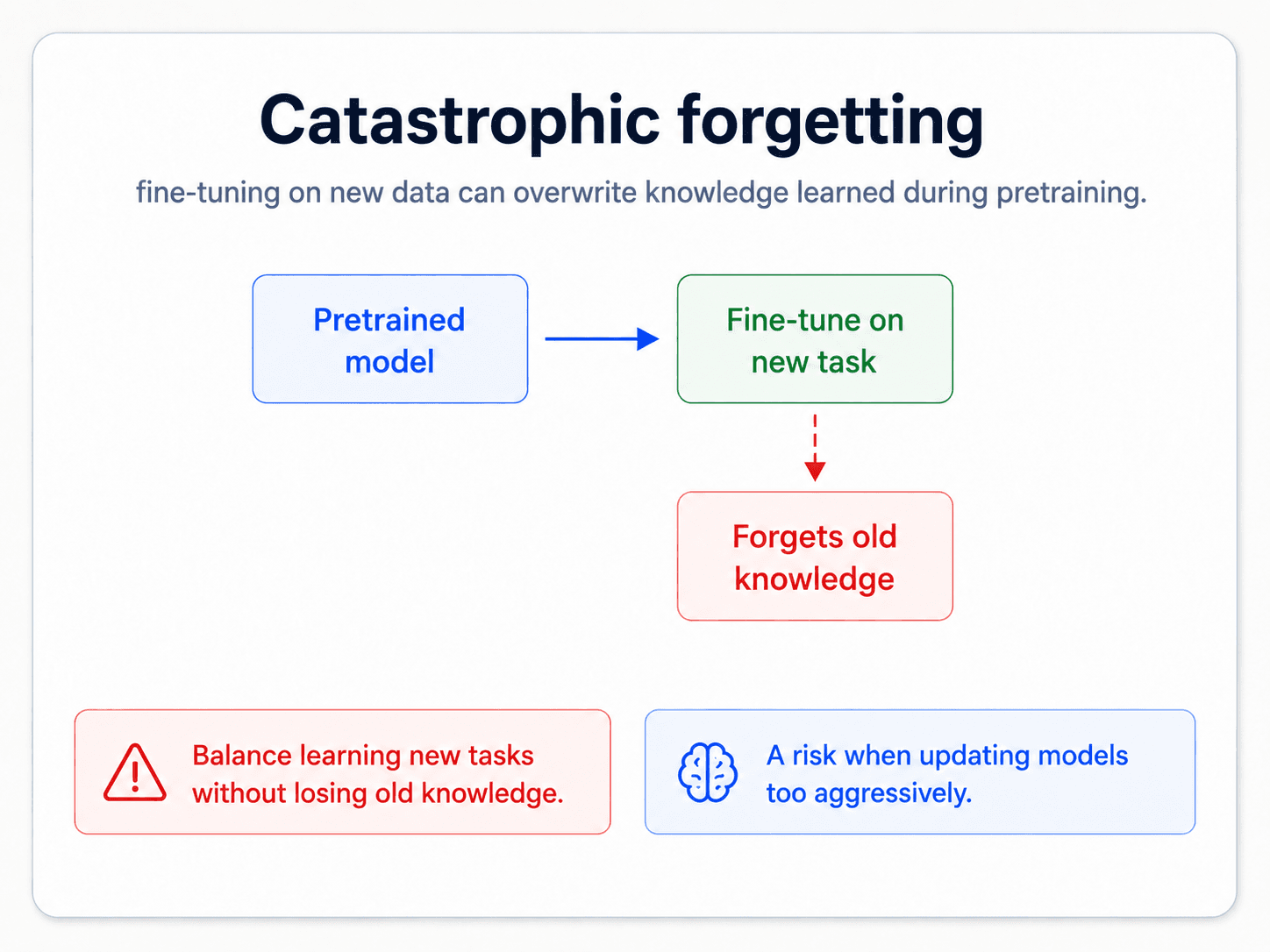 A card titled 'Catastrophic forgetting'. Subtitle: 'fine-tuning on new data can overwrite knowledge learned during pretraining'. Diagram: blue 'Pretrained model' box → arrow → green 'Fine-tune on new task' box → dashed red arrow → red 'Forgets old knowledge' box. Bottom red warning: 'Balance learning new tasks without losing old knowledge.' Bottom blue brain: 'A risk when updating models too aggressively.'