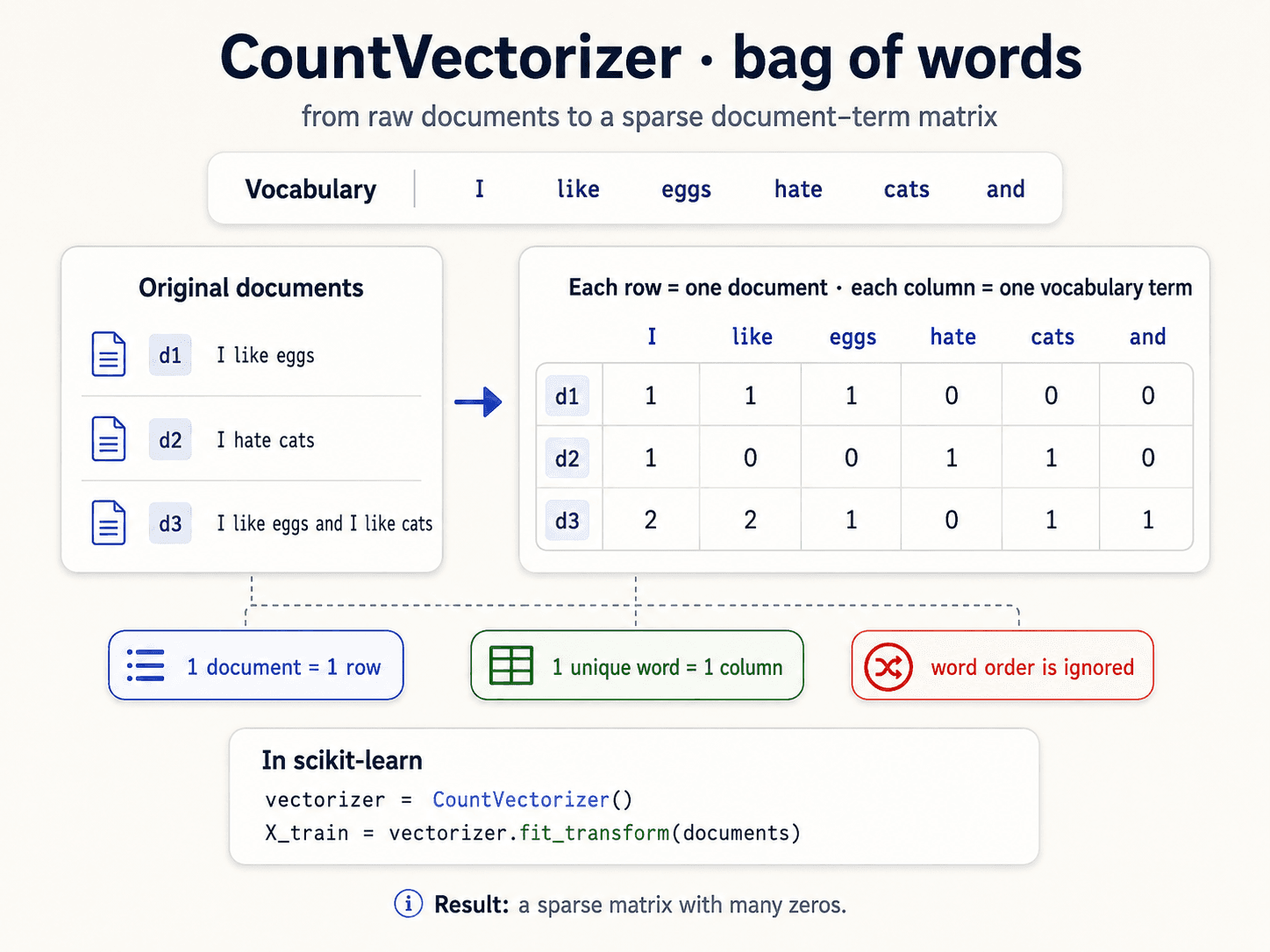 A clean instructional diagram titled 'CountVectorizer · bag of words' on warm off-white background, dark navy text. Subtitle: 'from raw documents to a sparse document-term matrix.' Top strip shows the Vocabulary in a clean horizontal pill: I, like, eggs, hate, cats, and. Left card 'Original documents' lists three documents — d1: 'I like eggs', d2: 'I hate cats', d3: 'I like eggs and I like cats'. Slate-blue arrow points to a right card showing the resulting document-term matrix where each row is one document and each column is one vocabulary term, with the counts filled in. Three callout pills below: '1 document = 1 row' (blue), '1 unique word = 1 column' (green), and 'word order is ignored' (red). Bottom panel shows the scikit-learn code: vectorizer = CountVectorizer(); X_train = vectorizer.fit_transform(documents). Info icon caption: 'Result: a sparse matrix with many zeros.'