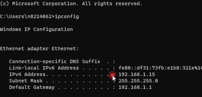 Terminal screenshot of `ipconfig` output on Windows showing: IPv4 Address 192.168.1.15, Subnet Mask 255.255.255.0, Default Gateway 192.168.1.1, and a link-local IPv6 address.