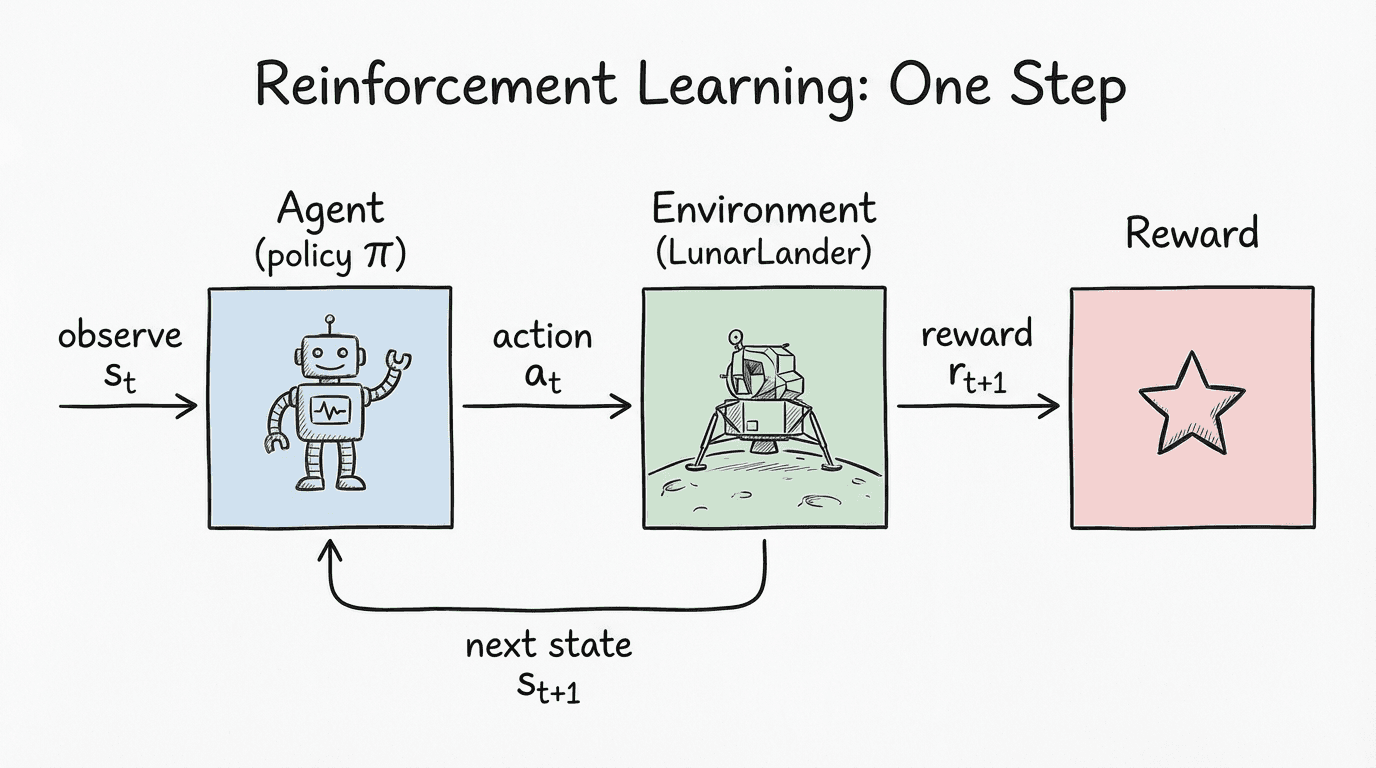 One step in the LunarLander RL loop: agent, action, reward, next state